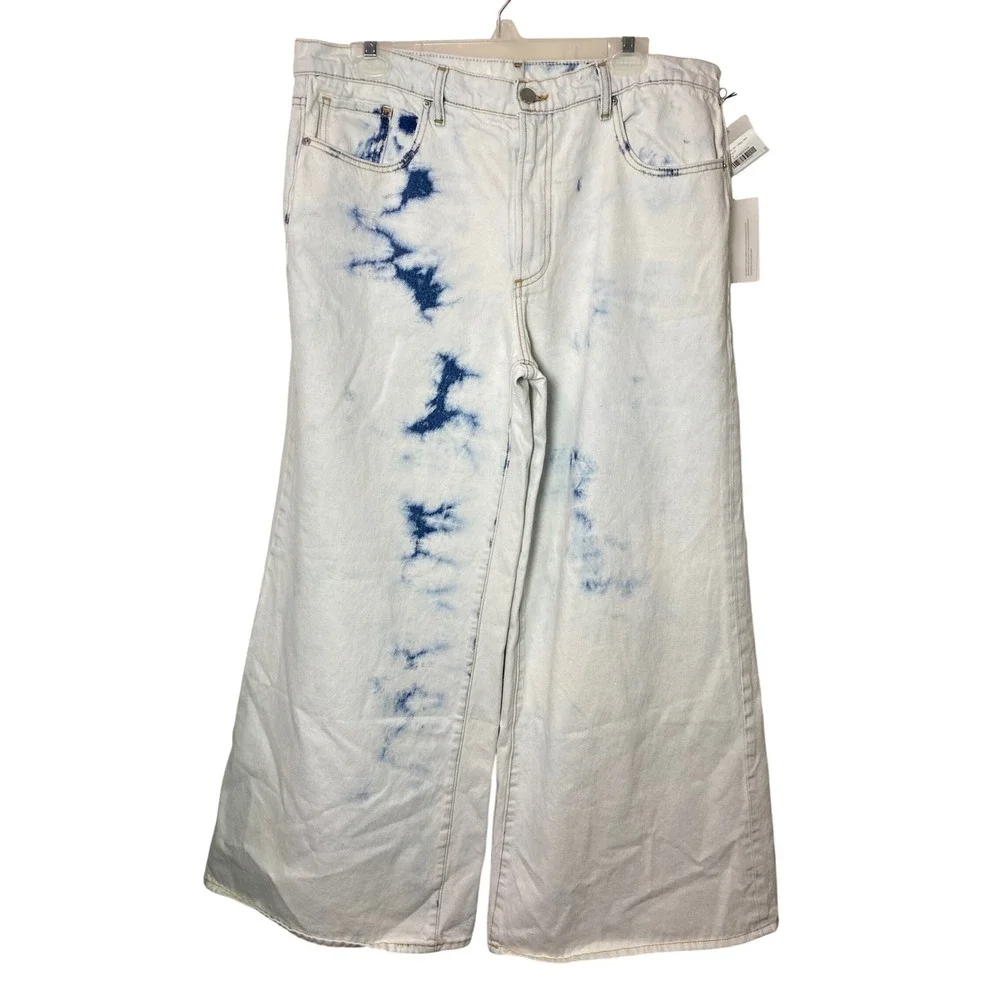 VIAVIA The Low + Baggy Jean Cyprus Tie Dye Wide Leg Denim Pants White Blue Sz 33